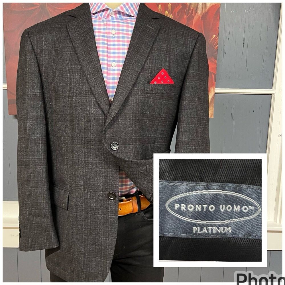 Pronto‎ Uomo Sport Coat Blazer Jacket Mens 46R Wool Brown Flannel Checked
